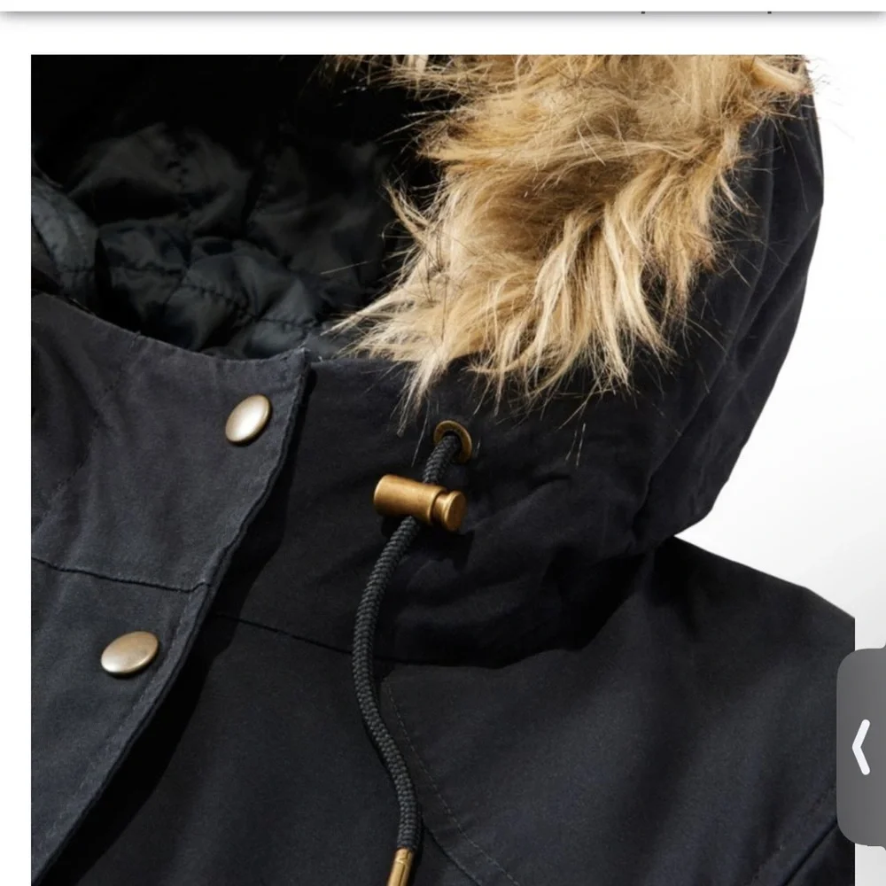 NWT 100% Organic Cotton L.L. Bean Black Coat Parka Removable Faux Fur Trim Hood - Picture 3 of 11